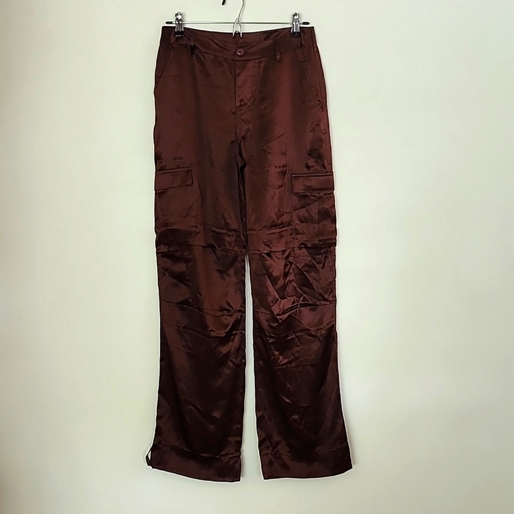 Newport News brown 100% silk straight leg trouser pants neutral contemporary 6